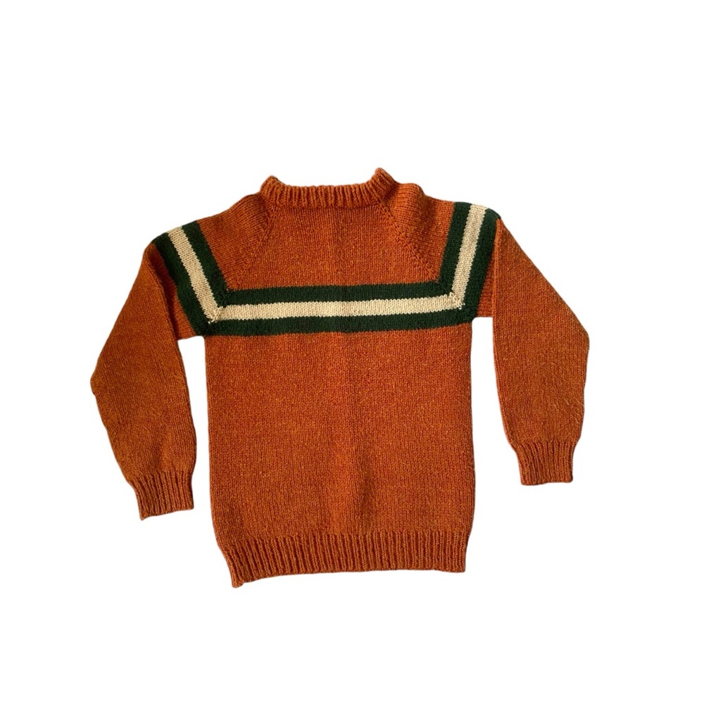 VINTAGE WOOL Handmade Hand Knitting Sweater Crew Neck Retro Orange Green Stripe